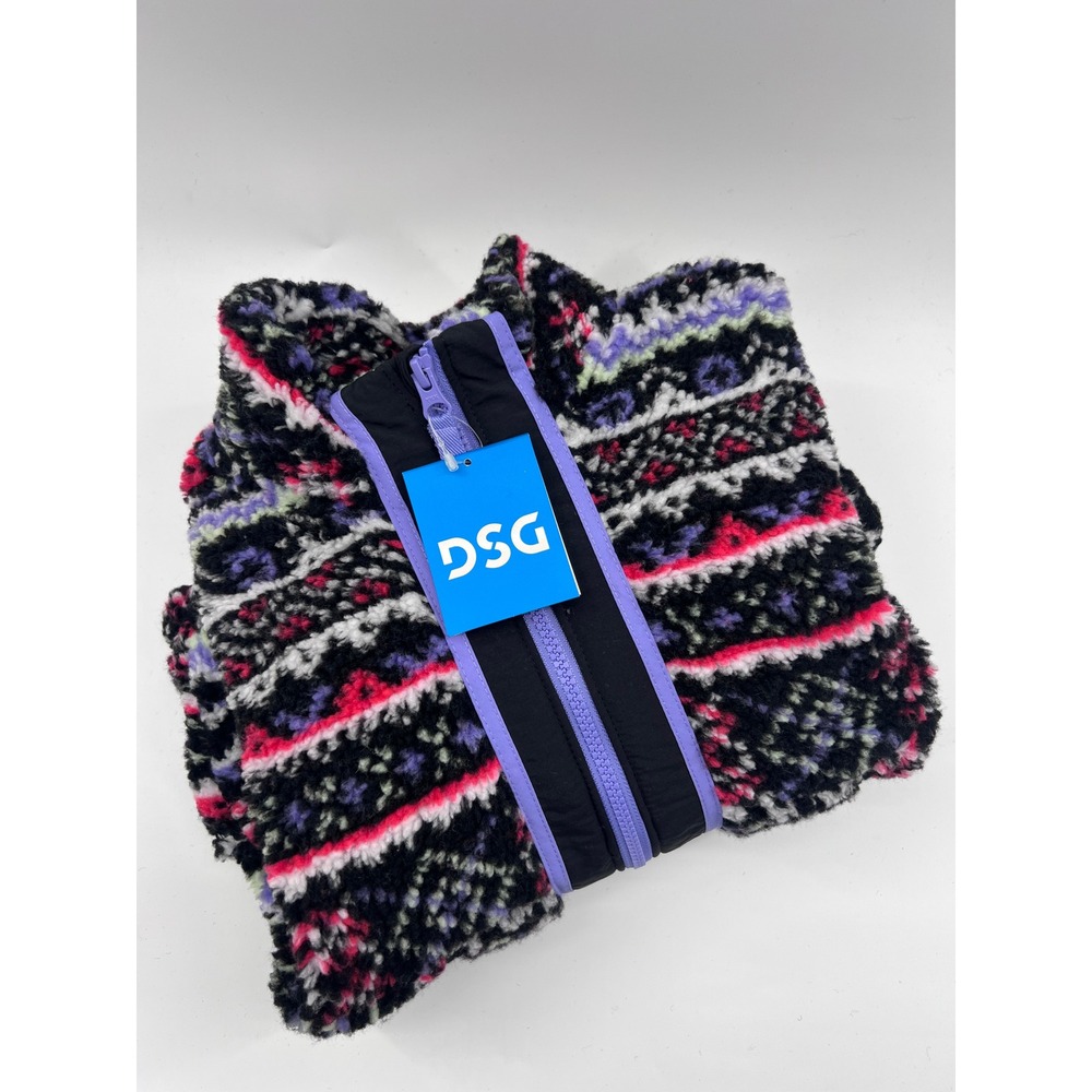DSG Girls Medium 10-12 Cozy Fleece Zip Jacket Funky Fair Isle Black Purple NEW